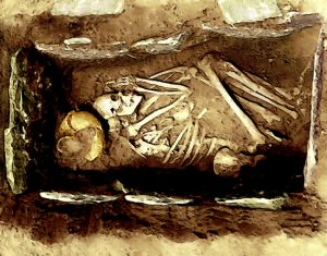 A Mississippian culture stone box burial with the body in the flexed position.