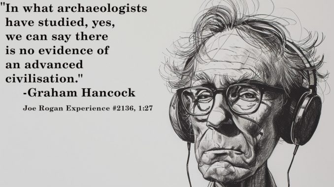 Caricature of Graham Hancock in headphones with his quote from the Joe Rogan Experience
