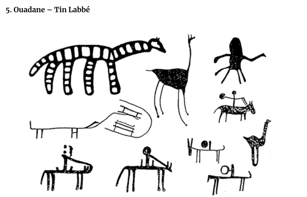 Black and white rendering of rock art with 10 primary elements that include people and animals like an ostrich and horseback riders.