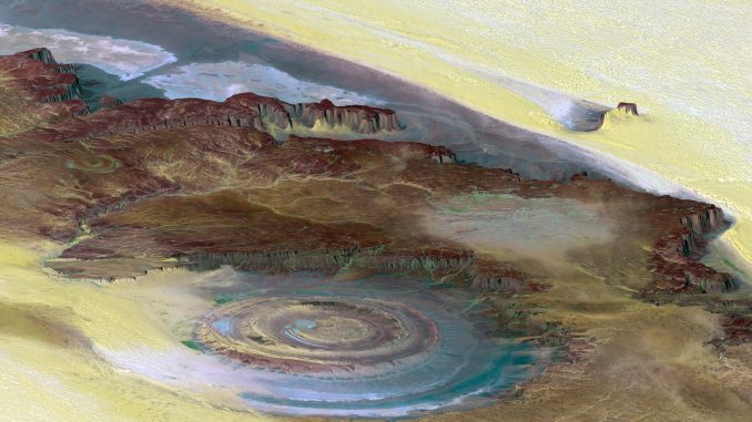 Topographic image of the Ricaht Structure in Mauritania created by draping a Landsat satellite image over a digital elevation model